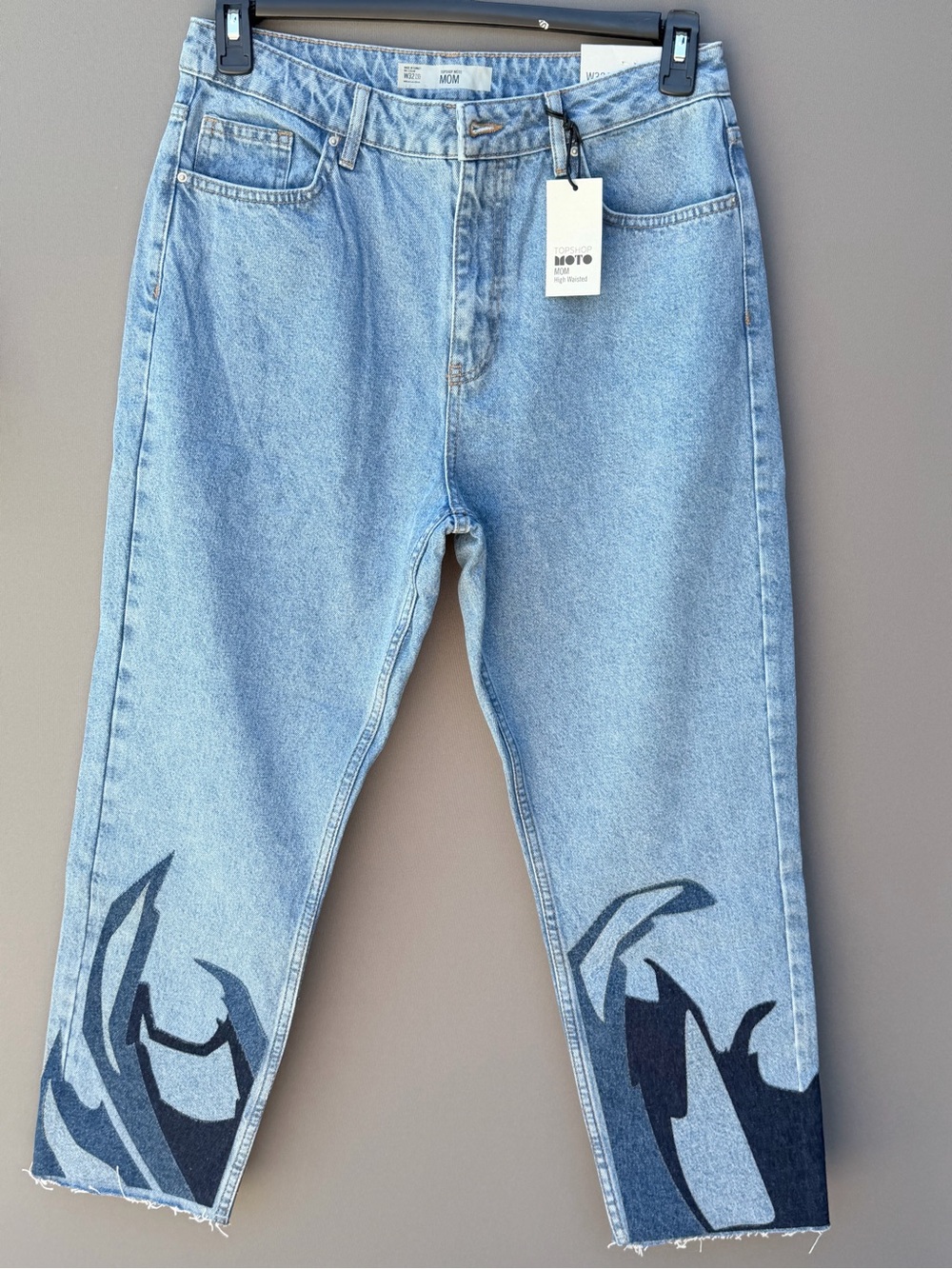 Topshop Blue Straight Leg Jeans with Black  & Blue Pattern